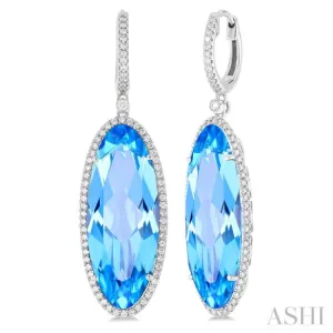 20x8 MM Oval Cut Blue Topaz and 1/2 ctw Round Cut Diamond Halo Semi Precious Earrings in 14K White Gold