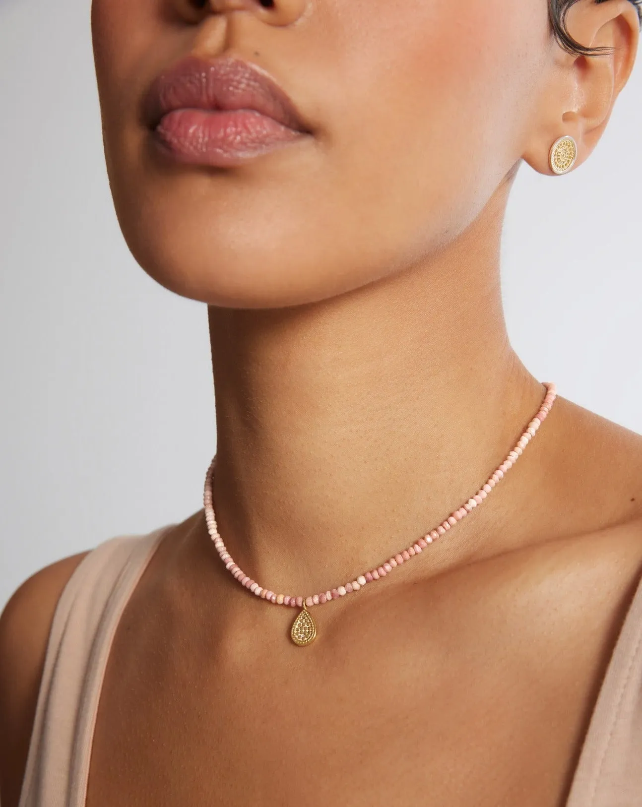 Beaded Pink Opal Drop Pendant Necklace - NK10571-GPKOP