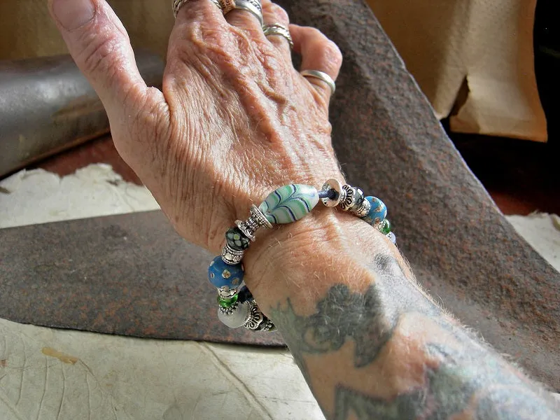 Cool Blues, Adjustable Slide Bracelet, Antique African Glass, Silver