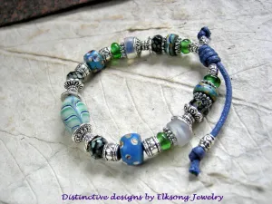 Cool Blues, Adjustable Slide Bracelet, Antique African Glass, Silver