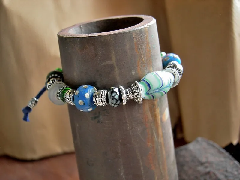 Cool Blues, Adjustable Slide Bracelet, Antique African Glass, Silver