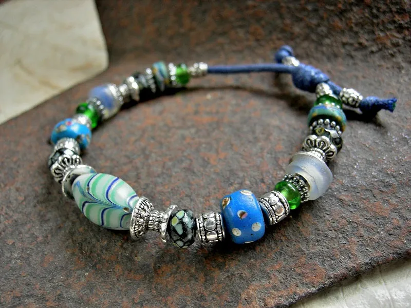 Cool Blues, Adjustable Slide Bracelet, Antique African Glass, Silver