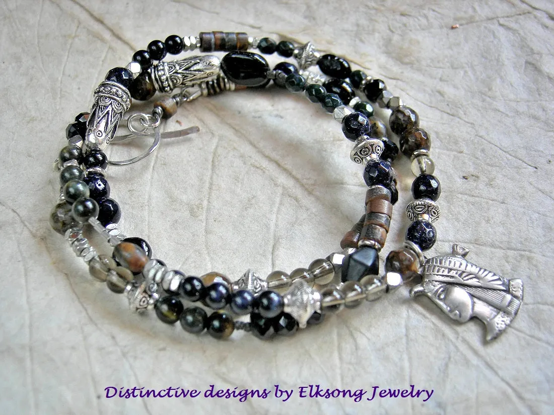 Dark Isis Wrap Bracelet/Necklace, Vintage Sterling Charm, Black Stone