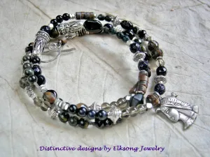 Dark Isis Wrap Bracelet/Necklace, Vintage Sterling Charm, Black Stone