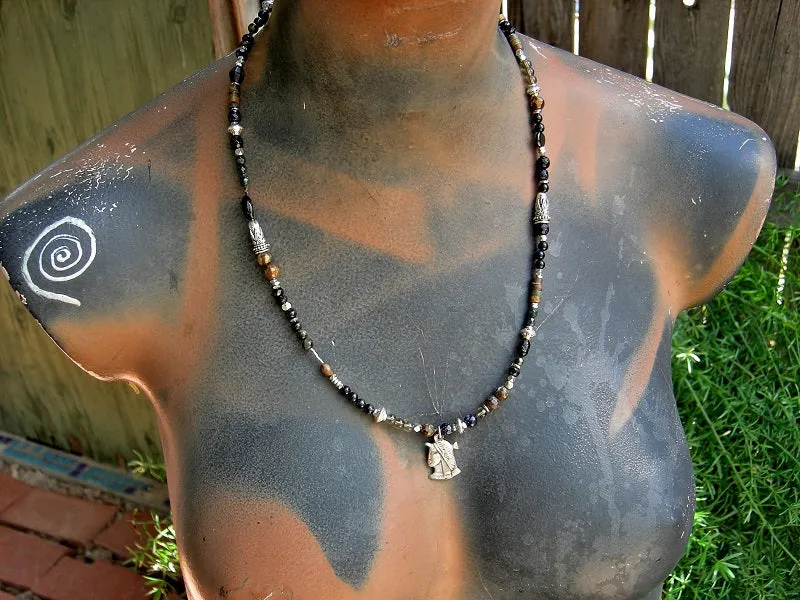 Dark Isis Wrap Bracelet/Necklace, Vintage Sterling Charm, Black Stone