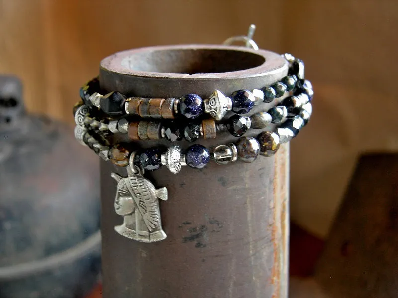 Dark Isis Wrap Bracelet/Necklace, Vintage Sterling Charm, Black Stone