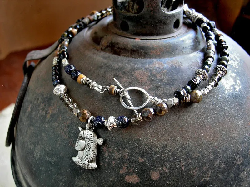 Dark Isis Wrap Bracelet/Necklace, Vintage Sterling Charm, Black Stone