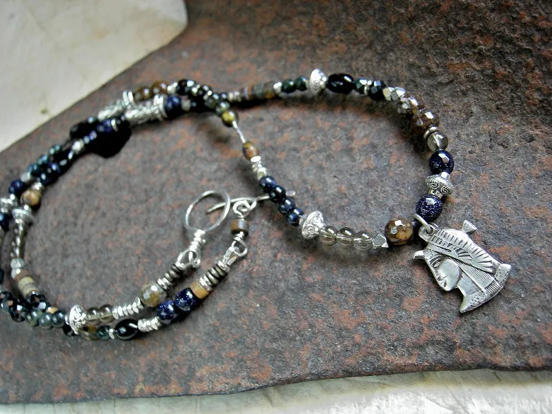 Dark Isis Wrap Bracelet/Necklace, Vintage Sterling Charm, Black Stone