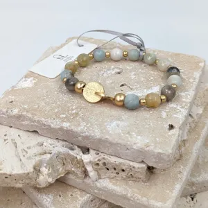Facetted amazonite stretchy beaded bracelet with textured link disc component