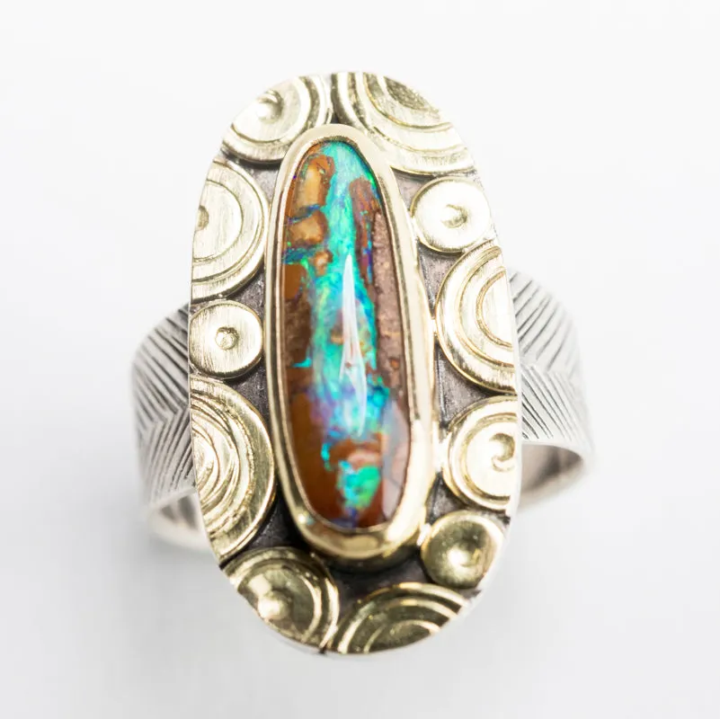 Mykonos Boulder Opal Ring w/ Chevron Saddle Band in Gold & Silver, Size 7