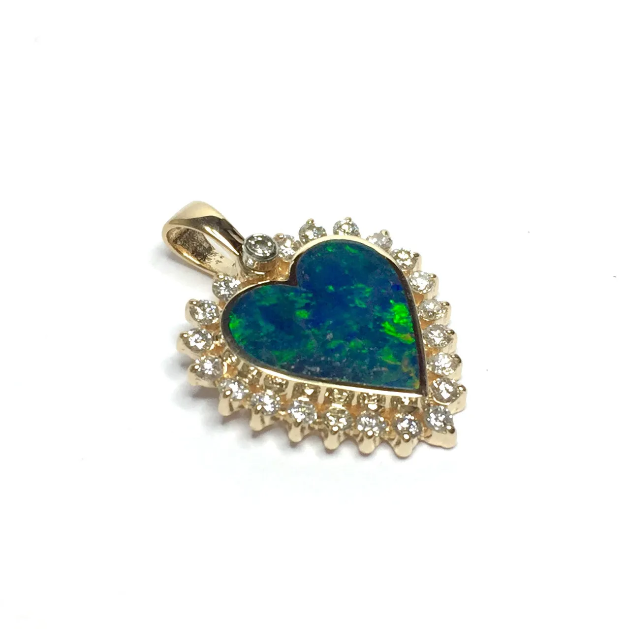 Opal Pendant Heart Shape Inlaid Design with .55ctw Round Diamonds Halo