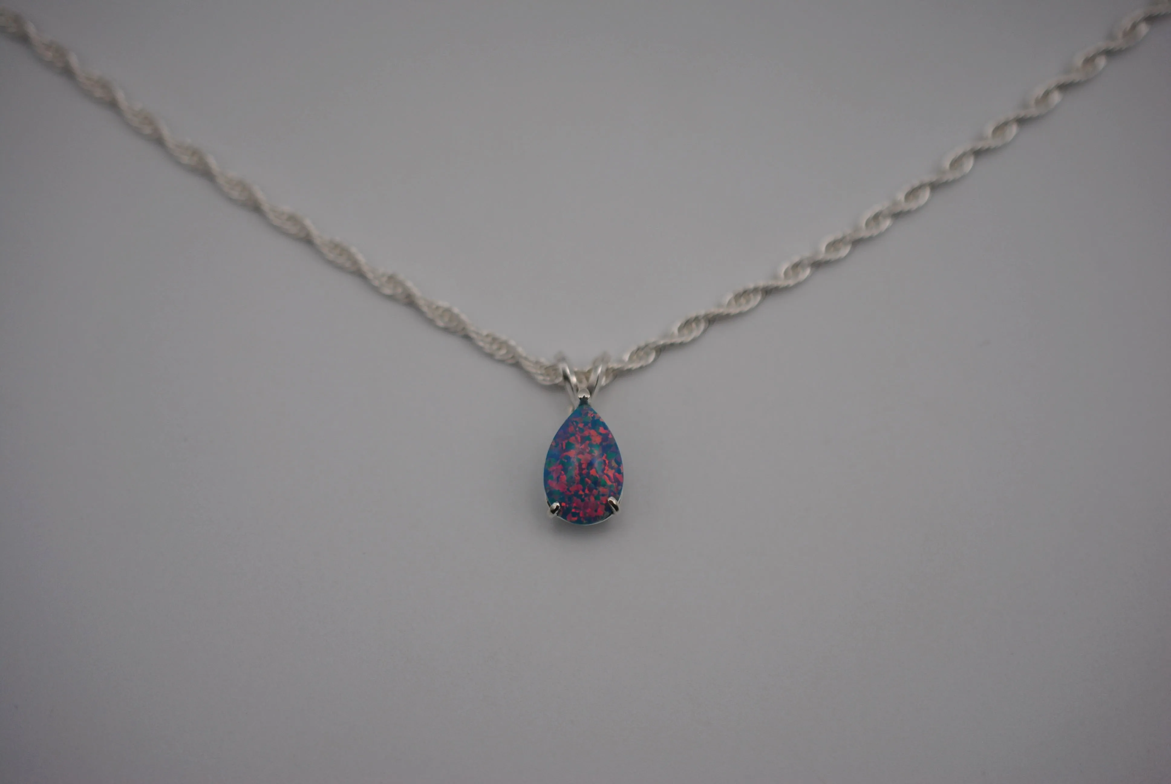 Pear Synthetic Opal in Silver Setting Pendant Necklace on Rope Chain