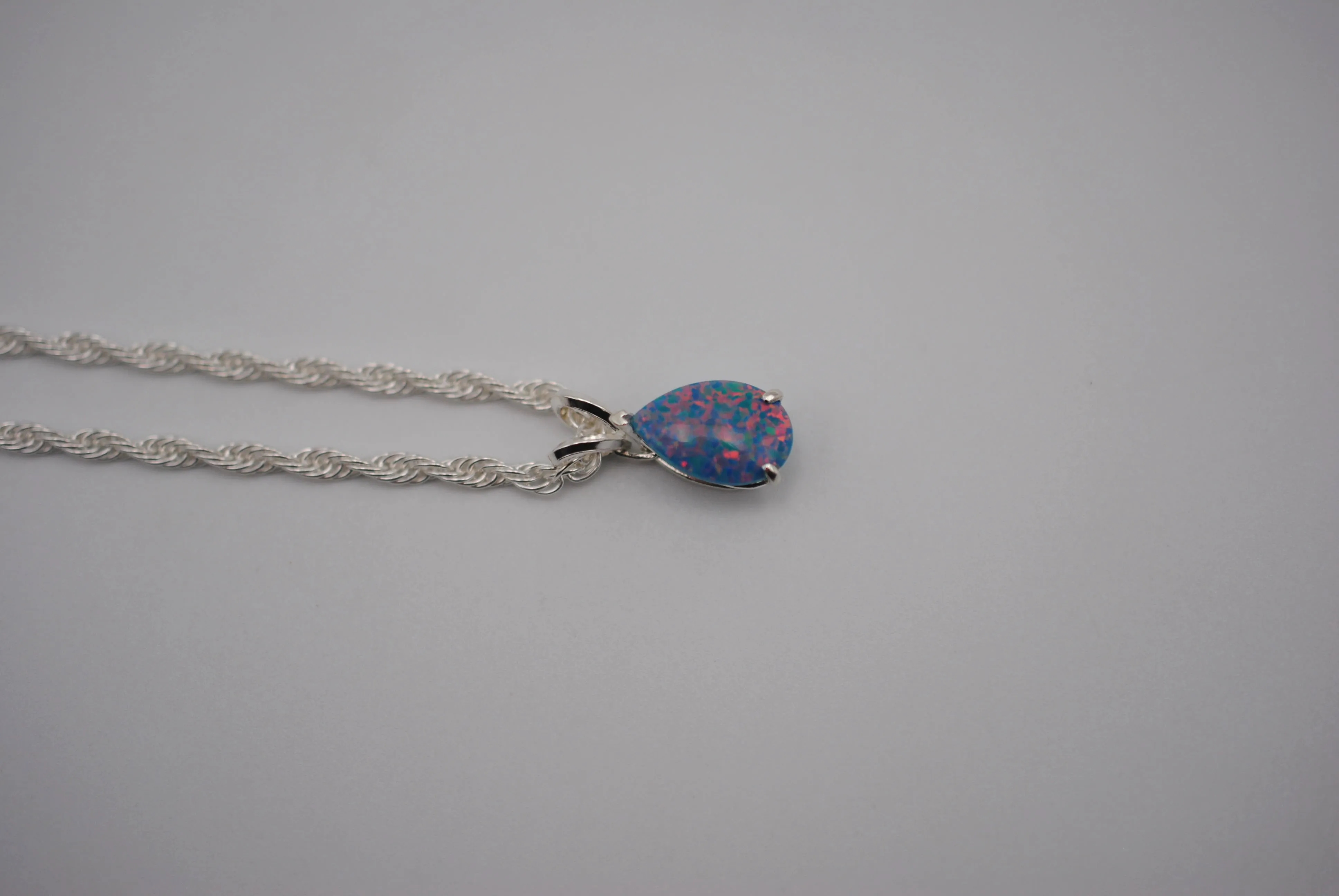 Pear Synthetic Opal in Silver Setting Pendant Necklace on Rope Chain