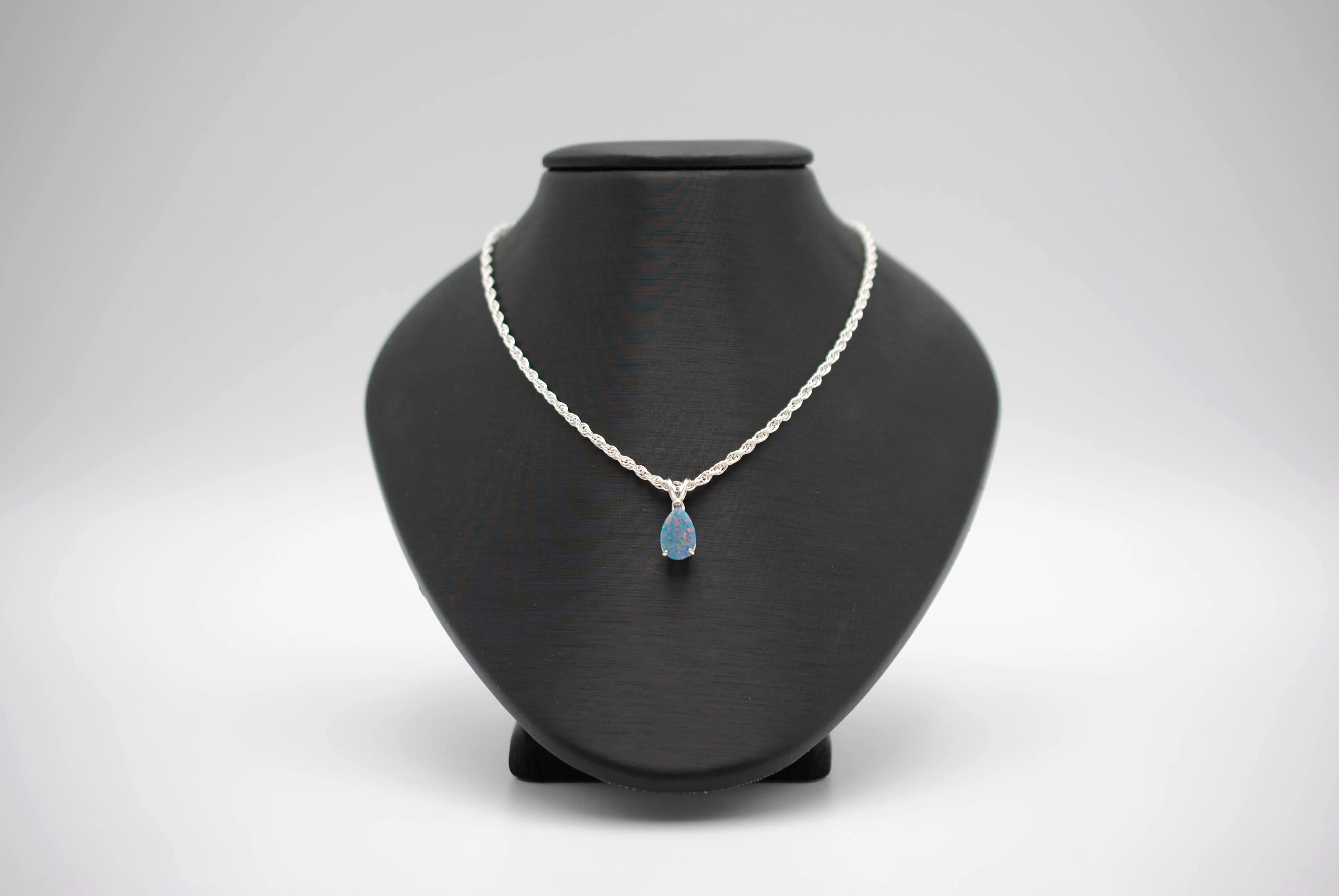 Pear Synthetic Opal in Silver Setting Pendant Necklace on Rope Chain