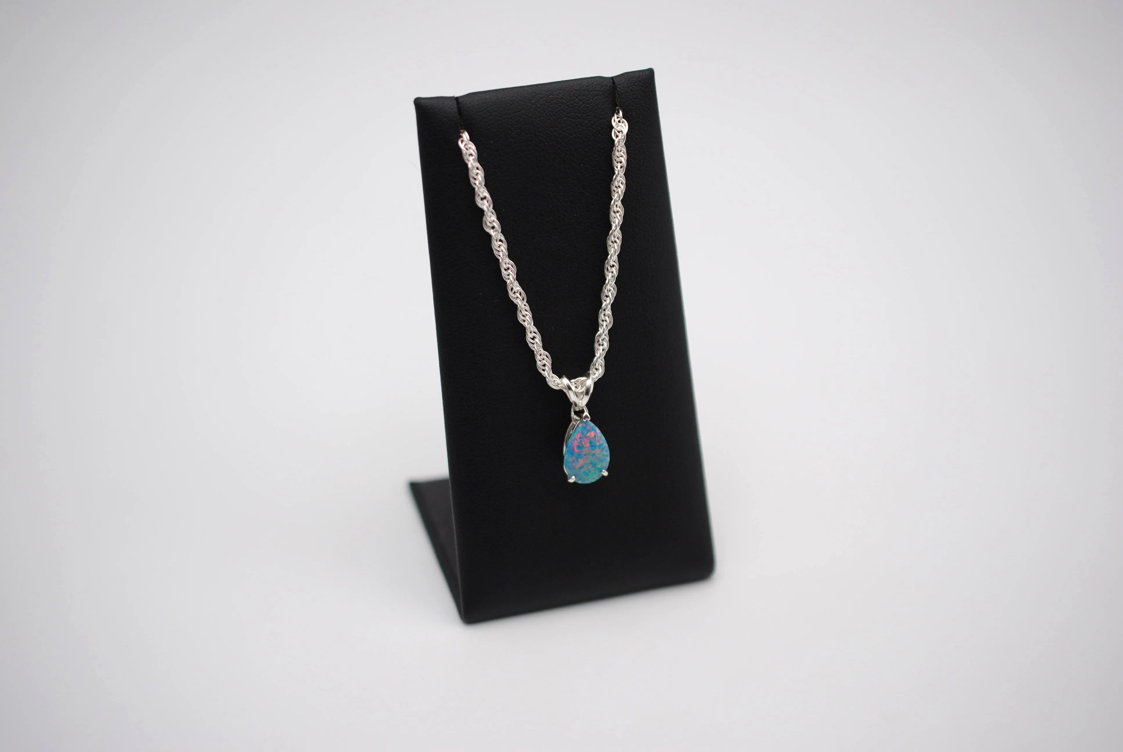 Pear Synthetic Opal in Silver Setting Pendant Necklace on Rope Chain