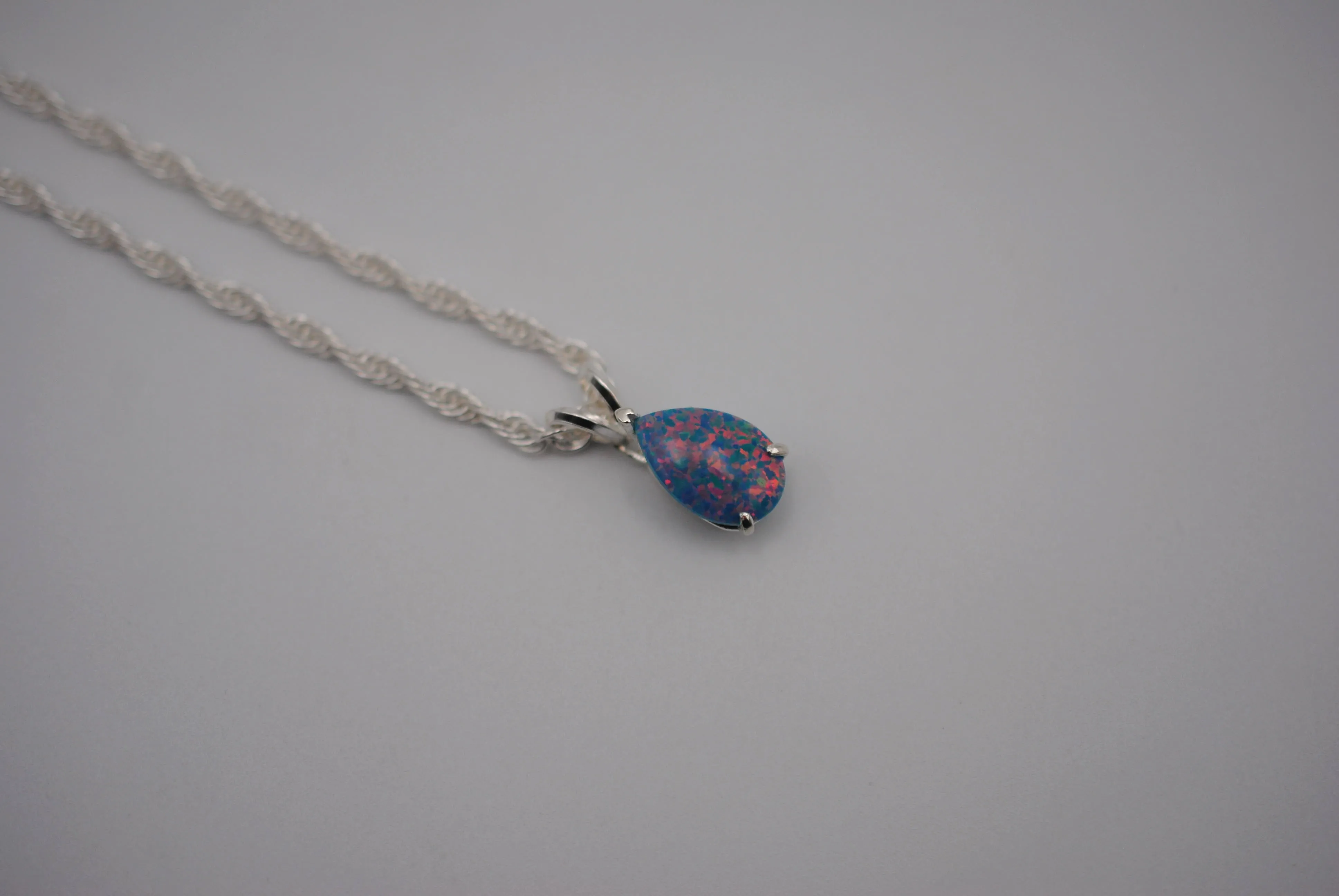Pear Synthetic Opal in Silver Setting Pendant Necklace on Rope Chain