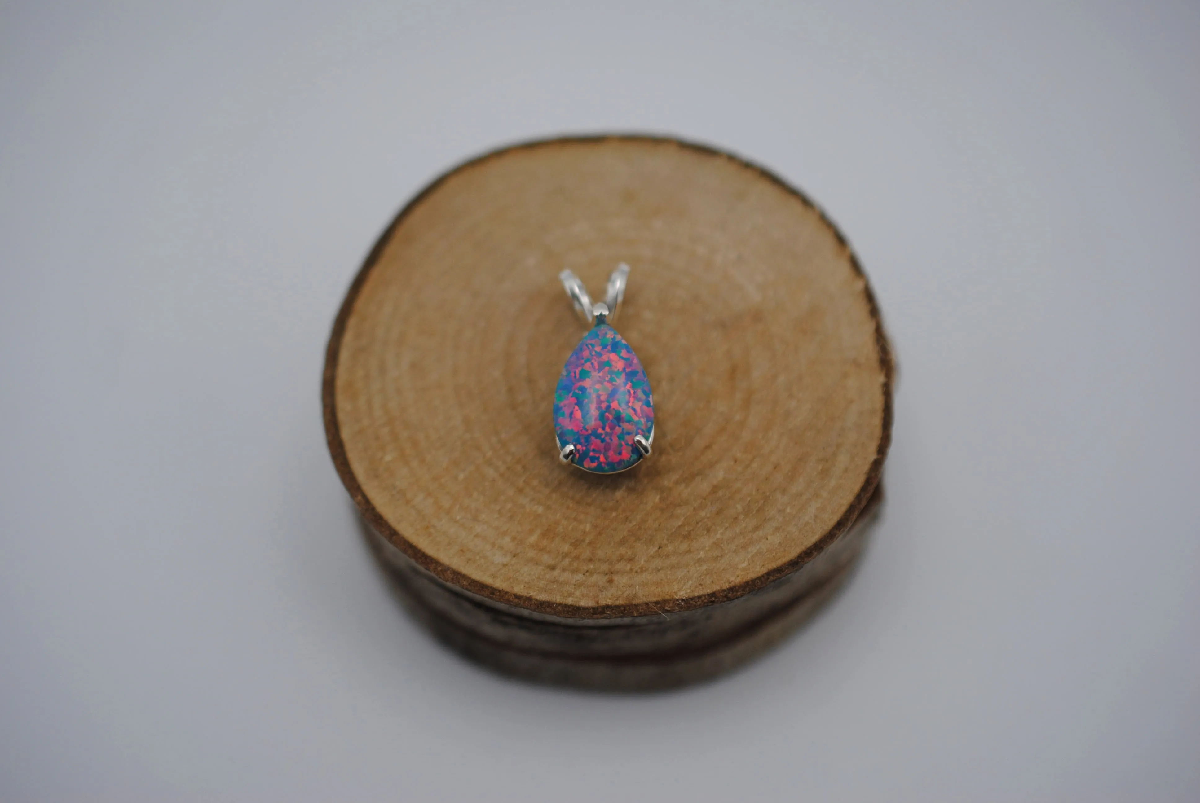 Pear Synthetic Opal in Silver Setting Pendant Necklace on Rope Chain