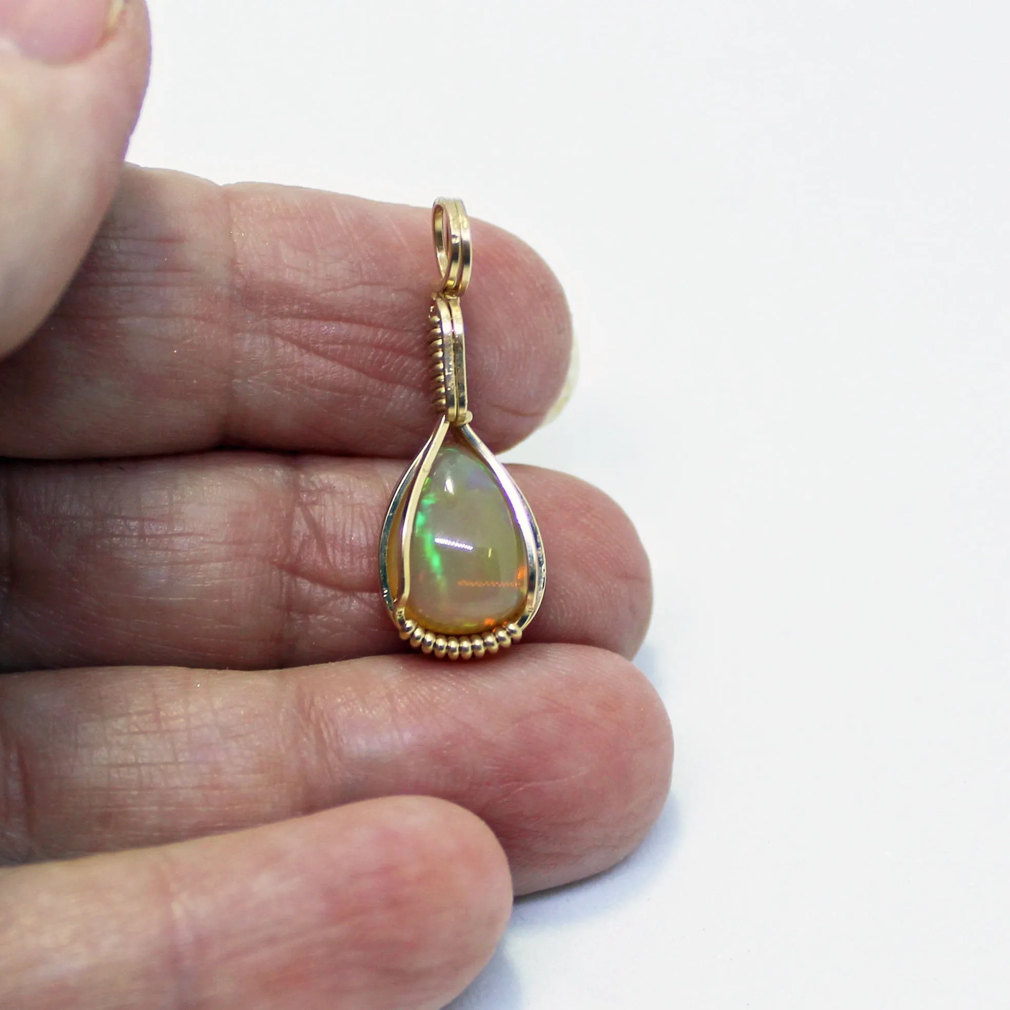Small Ethiopian Opal Teardrop Gold Filled Wire Wrapped Pendant - October Birthstone
