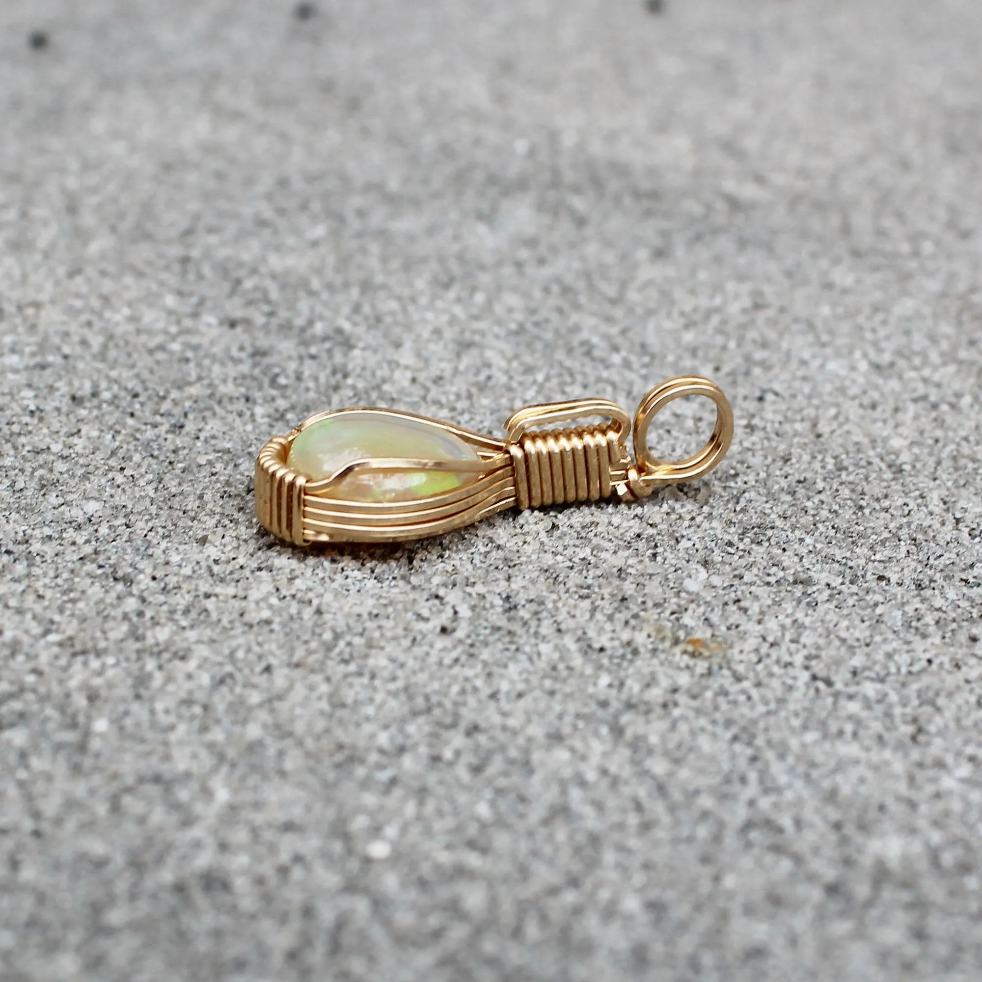 Small Ethiopian Opal Teardrop Gold Filled Wire Wrapped Pendant - October Birthstone