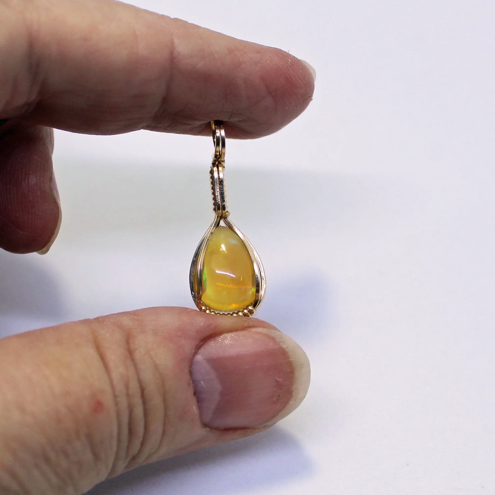 Small Ethiopian Opal Teardrop Gold Filled Wire Wrapped Pendant - October Birthstone