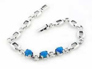 Sterling Silver 3-Stone Simulated Blue Opal Link Bracelet 7"