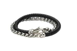 Unique & Co Black Leather and Steel Chain Bracelet B381BL