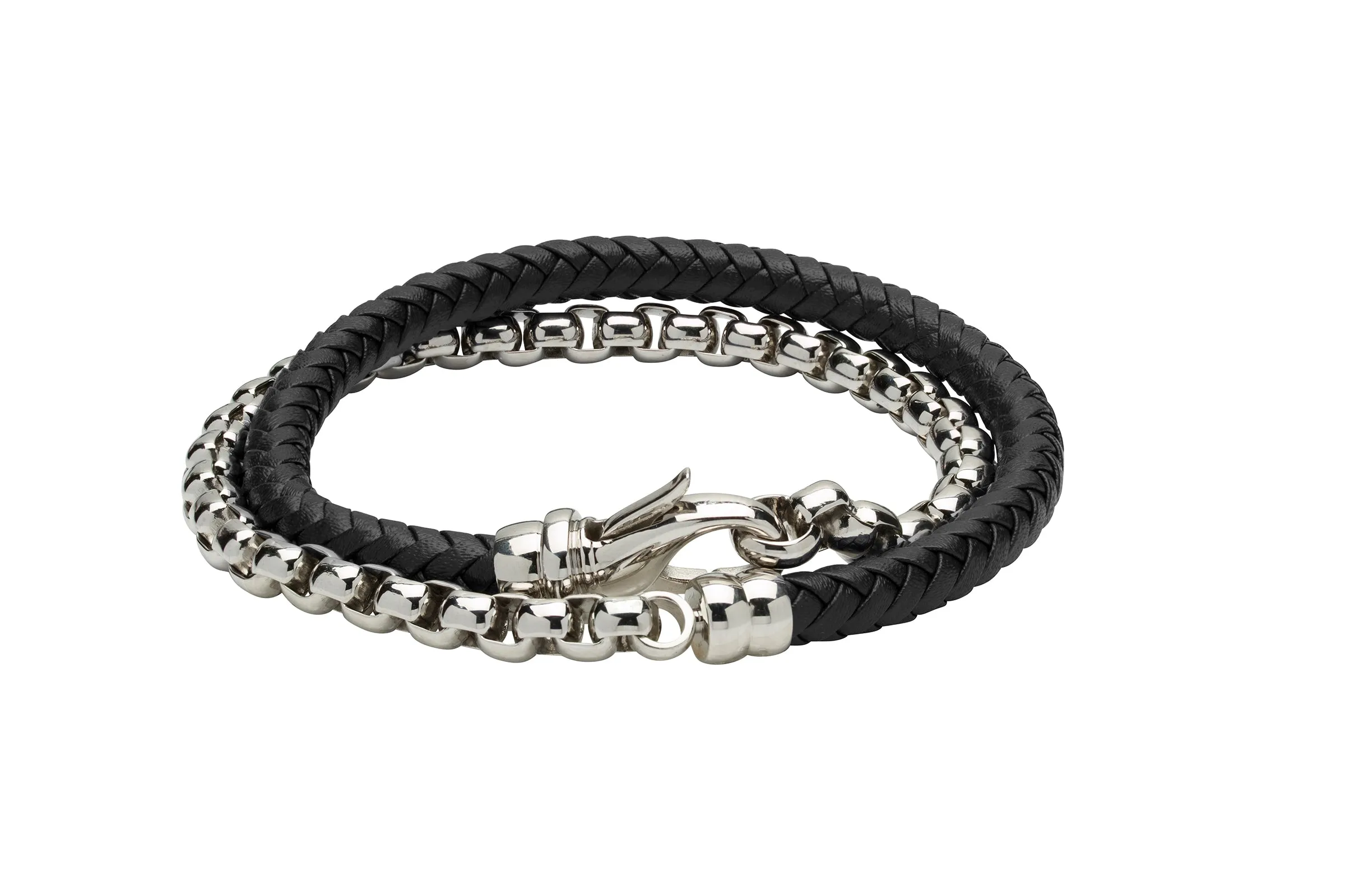 Unique & Co Black Leather and Steel Chain Bracelet B381BL